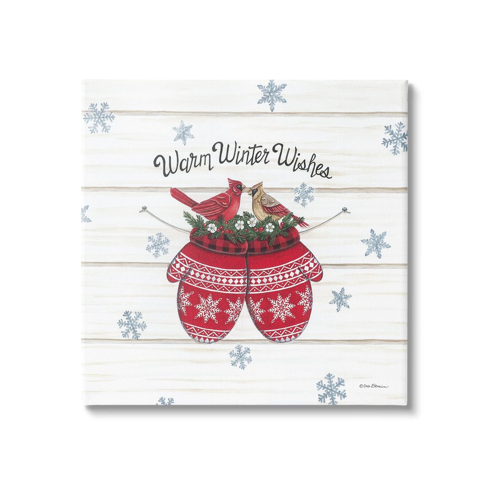 Stupell Industries Warm Winter Wishes Cardinals Perched Festive Mittens, Design by Deb Strain