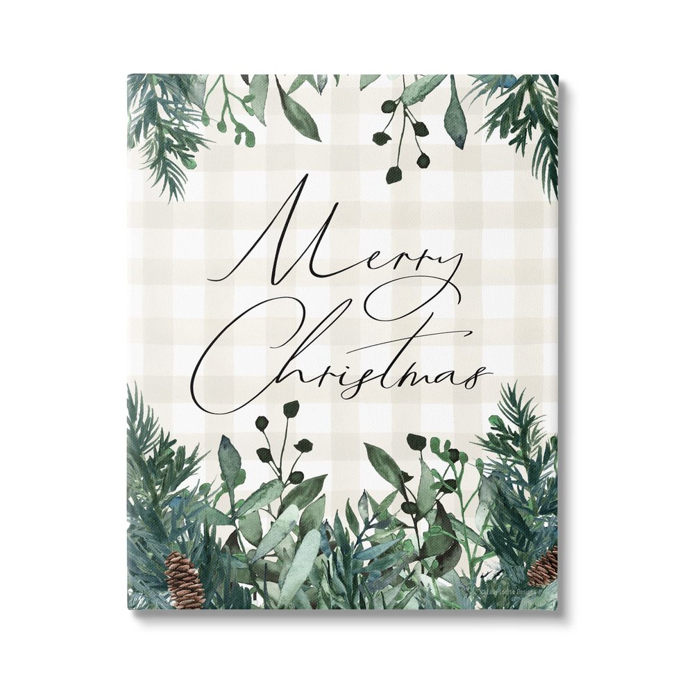 Stupell Industries Merry Christmas Script Gingham Pinecone Botanicals Border, Design by Lady Louise Designs