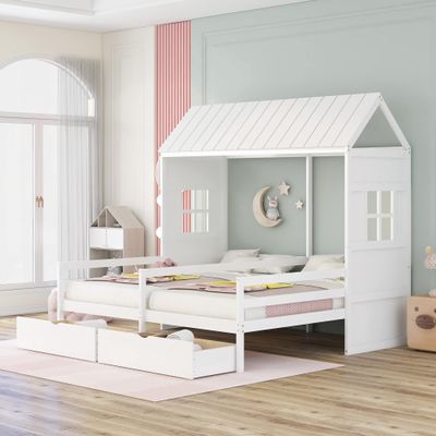 KLMM Double Twin Size House Platform Beds with 2 Drawers, Roof and Window, Wood House Bed for 2 Kids, Tent Bed for Bedroom,Can be Decorated (White/2Twin)