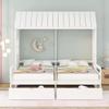 KLMM Double Twin Size House Platform Beds with 2 Drawers, Roof and Window, Wood House Bed for 2 Kids, Tent Bed for Bedroom,Can be Decorated (White/2Twin) view 3