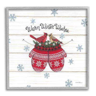 Stupell Industries Warm Winter Wishes Cardinals Perched Festive Mittens, Design by Deb Strain
