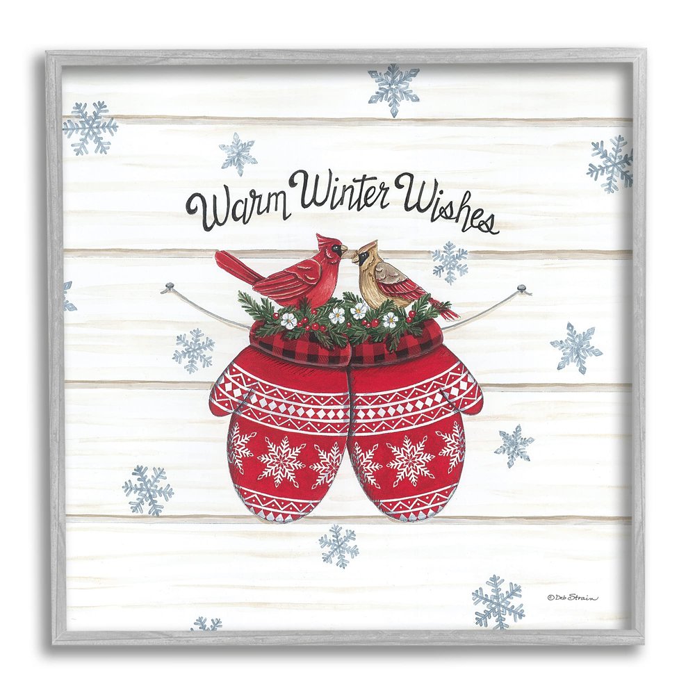 Stupell Industries Warm Winter Wishes Cardinals Perched Festive Mittens, Design by Deb Strain
