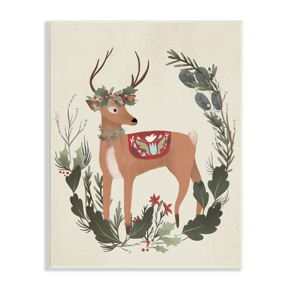 Stupell Industries Peaceful Deer Festive Holiday Leaf Border Collage,Design by Laura Konyndyk
