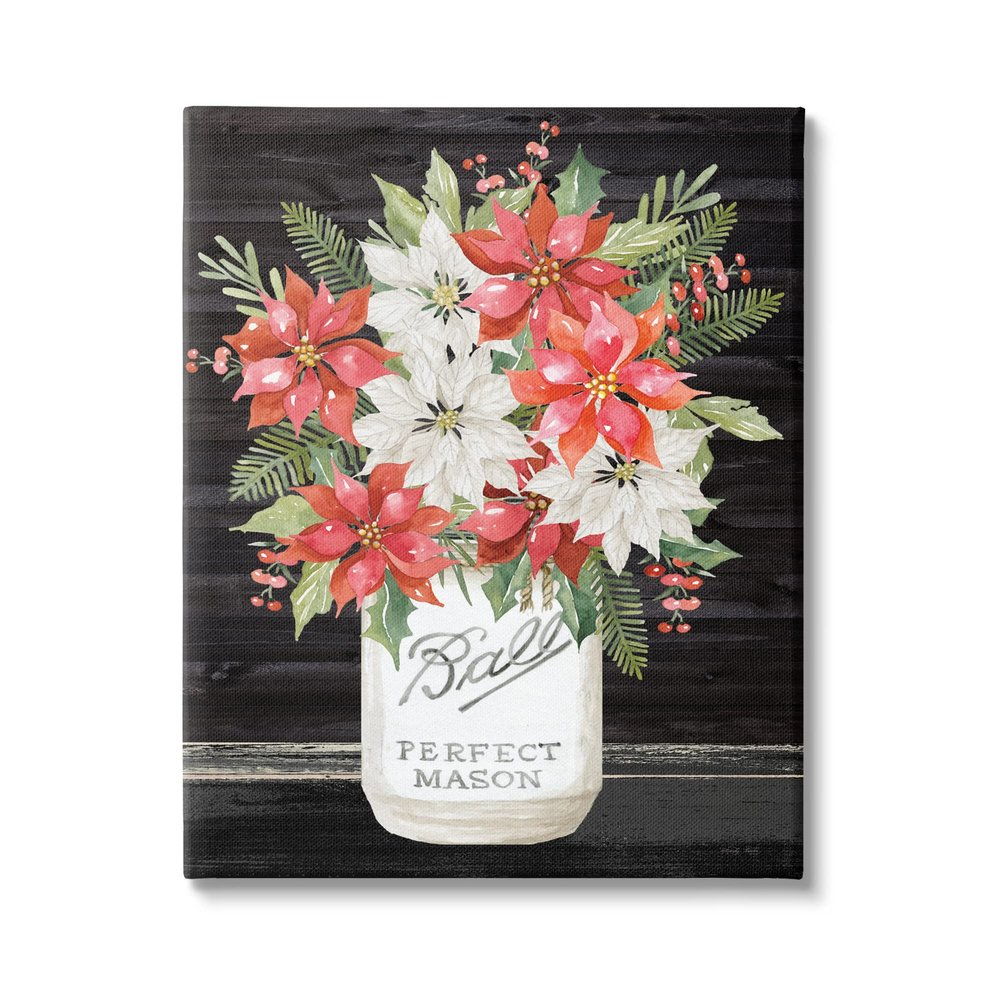 Stupell Industries Mixed Holly Poinsettia Flower Bouquet Country Jar, Design by Cindy Jacobs