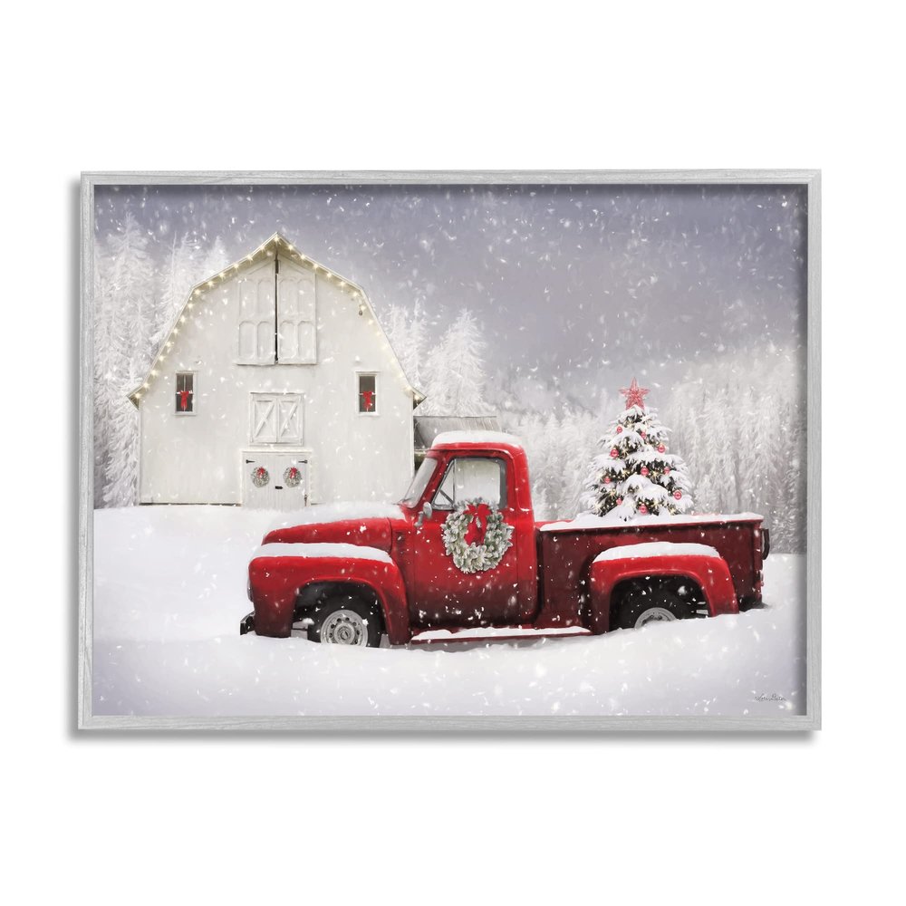 Stupell Industries Red Truck Parked Snowy Decorated Christmas Barn, Design by Lori Deiter
