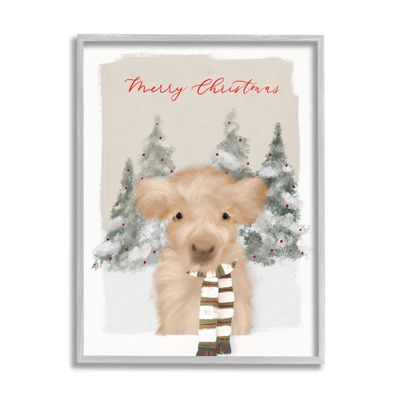 Stupell Industries Merry Christmas Fuzzy Baby Calf Cattle Striped Scarf, Design by Leah Stratsma