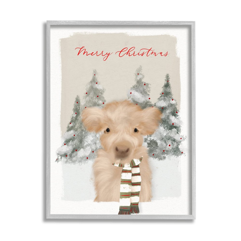 Stupell Industries Merry Christmas Fuzzy Baby Calf Cattle Striped Scarf, Design by Leah Stratsma