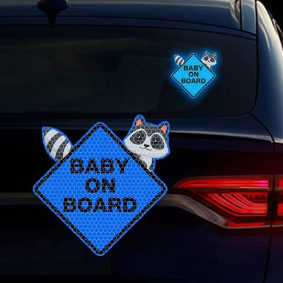 Baby on Board Sticker for Cars, Nouiroy 2PCS Raccoon Pattern Kids on Board Strong Reflective Cute Baby in Car Decals and Stickers Baby Caution Car Window Bumper Sign Auto Vinyl Sticker, Blue