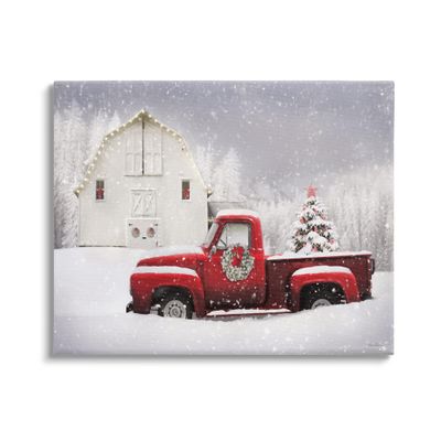 Stupell Industries Red Truck Parked Snowy Decorated Christmas Barn, Design by Lori Deiter