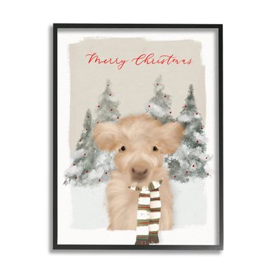 Stupell Industries Merry Christmas Fuzzy Baby Calf Cattle Striped Scarf, Design by Leah Stratsma