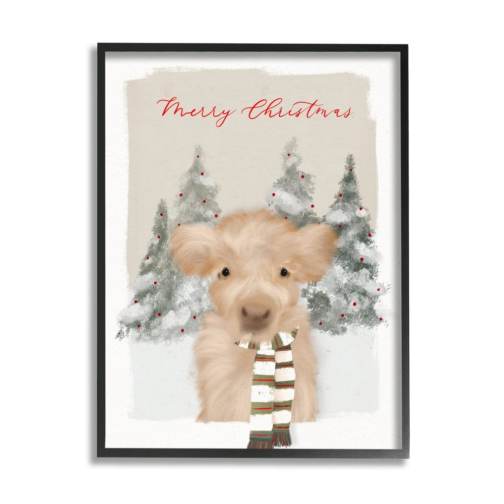 Stupell Industries Merry Christmas Fuzzy Baby Calf Cattle Striped Scarf, Design by Leah Stratsma