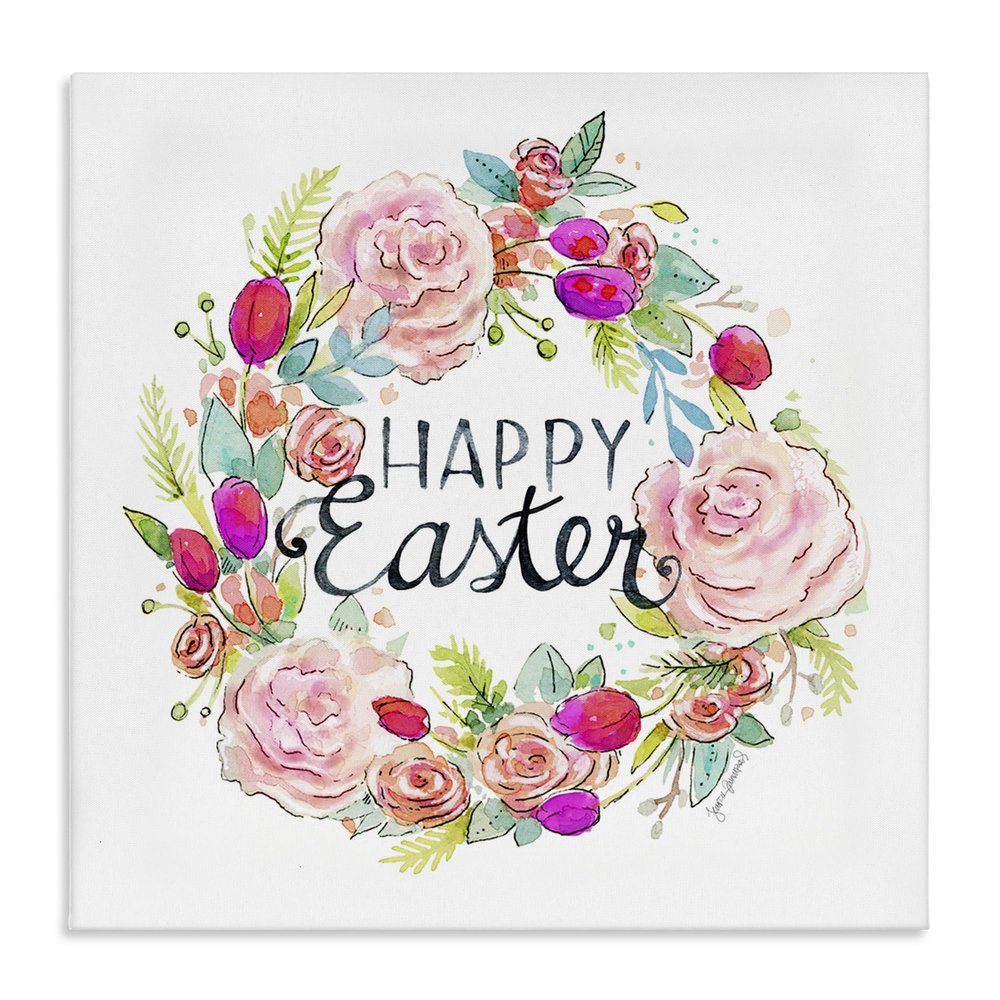 Stupell Industries 'Happy Easter Vivid Pink Floral Blossom Border', Canvas Art, 17 x 17 Inches, Easy to Hang and Sturdy, Made in USA, by Jennifer Wambach
