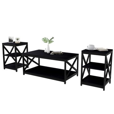 Bigbiglife Living Room Coffee Table Set of 3, Industrial X-Design Coffee Table and 2 End Side Tables, 3 Piece Living Room Table Set with Large Storage for Apartment Home (Black)