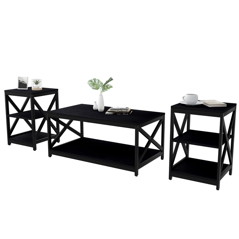 Bigbiglife Living Room Coffee Table Set of 3, Industrial X-Design Coffee Table and 2 End Side Tables, 3 Piece Living Room Table Set with Large Storage for Apartment Home (Black)