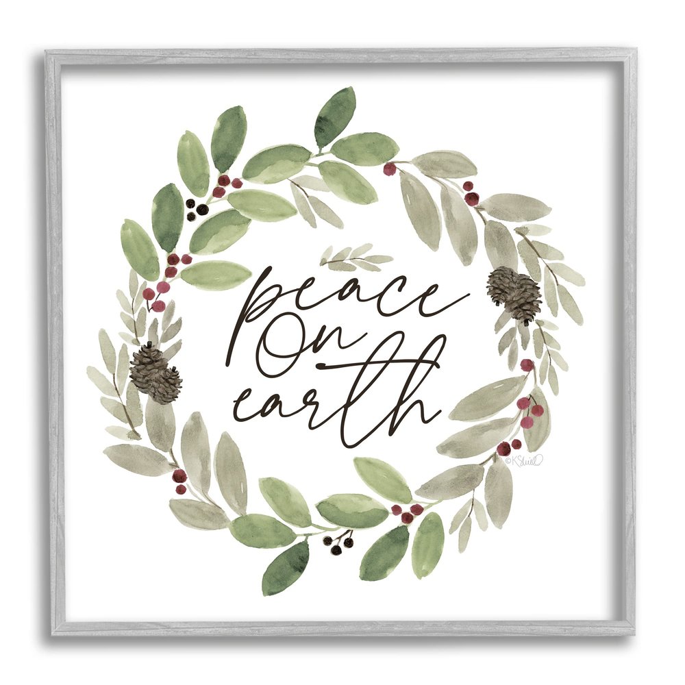 Stupell Industries Peace On Earth Calligraphy Seasonal Watercolor Wreath,Design by Kate Sherrill