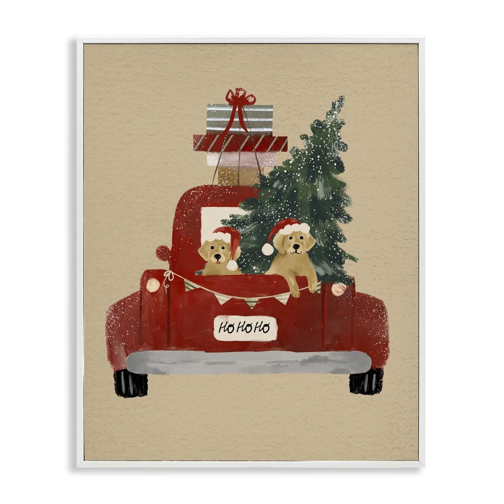 Stupell Industries 'Dogs Wearing Festive Hats Christmas Tree Truck ', Framed Giclee Art, White, 11 x 14 Inches, Easy to Hang and Sturdy, Made in USA, by Laura Konyndyk