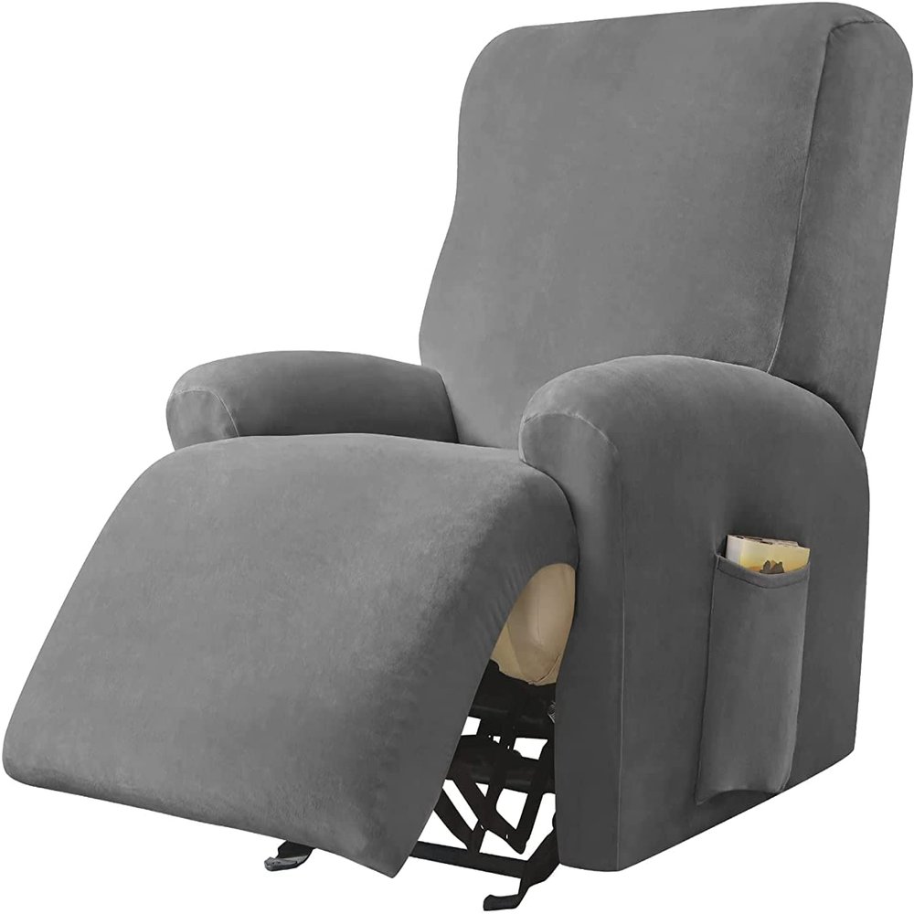 XVBVS Velvet Recliner Sofa Cover Split Reclining Couch Cover Stretch Recliner Sofa Slipcovers Anti-Slip Furniture Covers with Elastic Bottom for Living Room (Color : Gray, Size : 1 Seater 4-Piece)