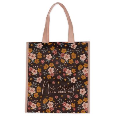 Christian Art Gifts Reusable Collapsible Fashion Shopping Tote Bag for Women: New Mercies & Morning - Inspirational Faith-based Durable Handbag for Groceries, Books, Supplies, Black Multicolor Floral