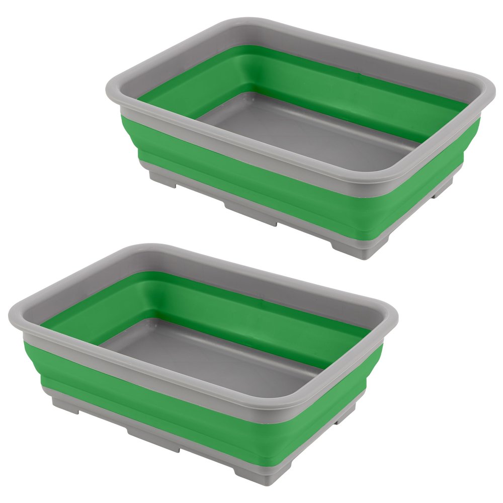 Collapsible Bucket for Cleaning 2-Pack - 7.27L Foldable Wash Bin Dish Tubs - Collapsible Wash Basin or Camping Sink Set for Beach, Tailgating or Soaking Laundry - Cleaning Supplies by Wakeman (Green)
