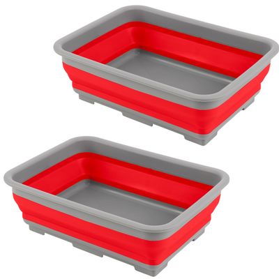 Collapsible Bucket for Cleaning 2-Pack - 7.27L Foldable Wash Bin Dish Tubs - Collapsible Wash Basin or Camping Sink Set for Beach, Tailgating or Soaking Laundry - Cleaning Supplies by Wakeman (Red)