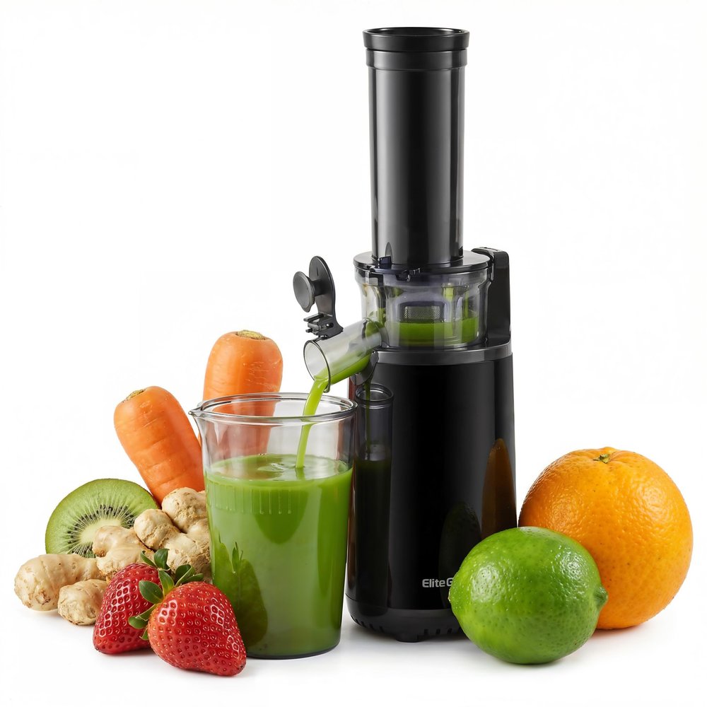 Elite Gourmet EJX600 Mini Compact Small Space-Saving Masticating Slow Juicer Cold Press Juice Extractor, Nutrient and Vitamin Dense, BPA-Free Tritan, Easy to Clean, 16 oz Juice Cup, Charcoal Grey