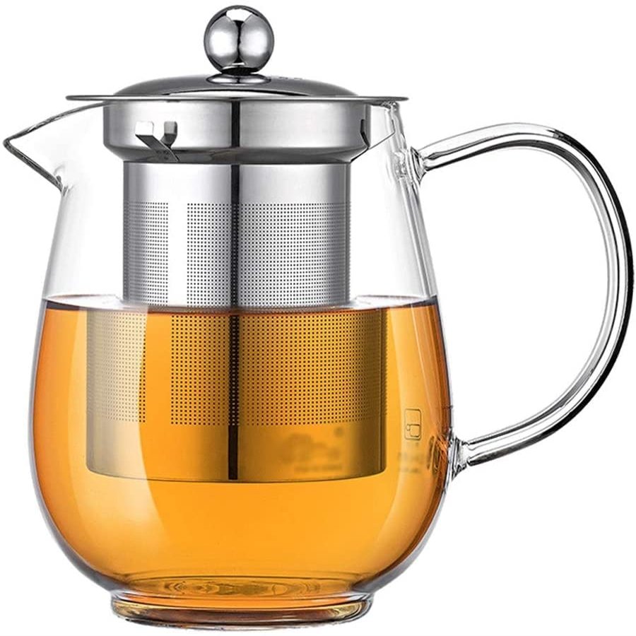 Habiba Tea Kettle Creative Round Teapot with Stainless Steel Infusion Filter Clear Glass Tea Kettle Coffee Container for Household Office Household