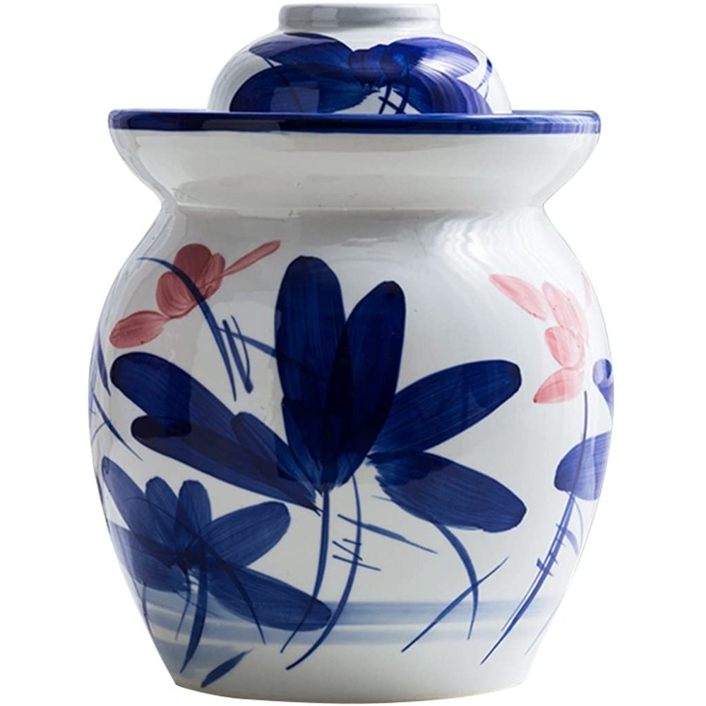 Fermentation Crock Jar Classical Painted Ink Style Lotus Pickle Jar, Chinese Traditional Water Seal Kimchi Jar With Cover, Pickled Cabbage, Radish, Kombuch (Color : Blue+white, Size : 4kg)