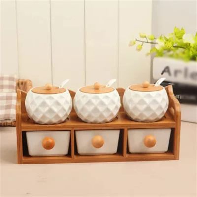 Kitchen Supplies Ceramic Seasoning Kit Seasoning Box with Wooden Tray Salt Chili Storage Jar