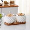Kitchen Supplies Ceramic Seasoning Kit Seasoning Box with Wooden Tray Salt Chili Storage Jar view 3