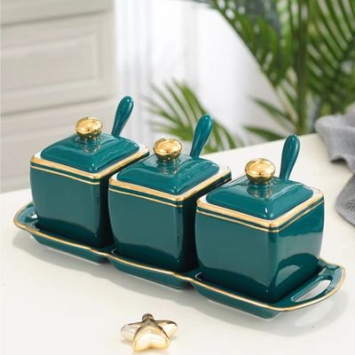 Seasoning Jar 3 Cans Set Seasoning Box Storage Salt Jar Ceramic Kitchen Utensil Rack (Color : Dark green)