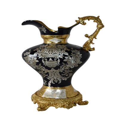 Black and Silver Rounded Hydria Resin Vase Size: 11" x 8" x 18"H