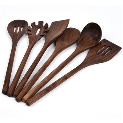 6 PCS Black Walnut Kitchen Utensils Set for Cooking, Natural Wooden Cooking Utensils,Wood Slotted Spoon Spatula Turner Set for Nonstick Cookware Pasta Fork Spaghetti Server Soup Ladle,A