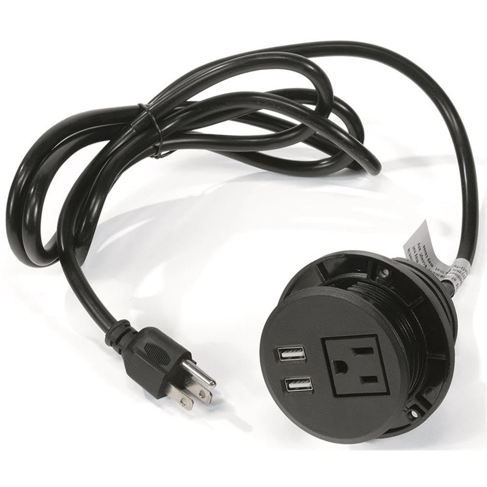 UrbanPro Office Plastic and Rubber Wire Power Grommet, Black Finish, with USB Ports, U.S. 3-Pin Plug, 6.5 ft Power Cord, ETL Certified, Desk Cable Management for Chargers and Lighting