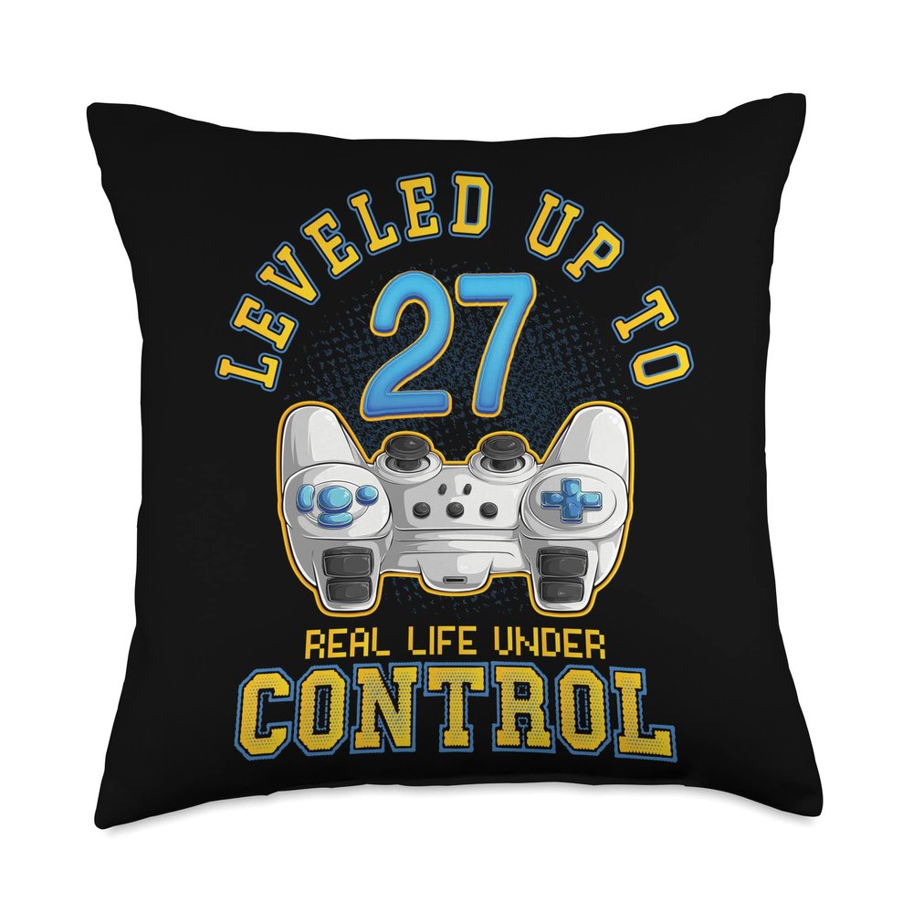 27th Birthday Gamer Leveled Up To 27 Years Gaming Controller Throw Pillow