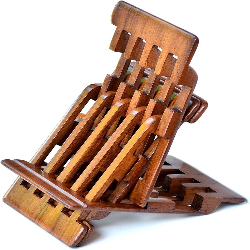 Artebona Book Stand Ipad Holder Book Display Stand - Handcrafted from 1 Solid Block of Teak Wood (Puzl Book Stand)