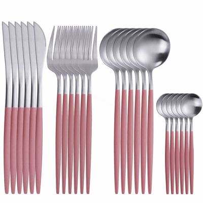 Silverware Flatware Cutlery Set, 24 Pieces Silverware Dinnerware Set Fork Spoons Knives Cutlery Stainless Steel Cutlery Set Tableware Spoons Set (Color : Pink silver 24pcs)