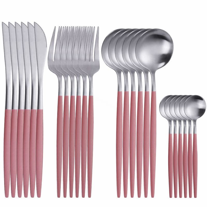 Silverware Flatware Cutlery Set, 24 Pieces Silverware Dinnerware Set Fork Spoons Knives Cutlery Stainless Steel Cutlery Set Tableware Spoons Set (Color : Pink silver 24pcs)