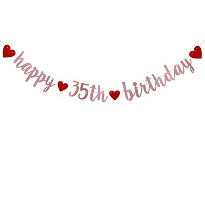 Happy 35th Birthday Banner, Pre-Strung,Rose Gold Glitter Paper Garlands for 35th Birthday Party Decorations Supplies, No Assembly Required,Rose Gold,SUNbetterland