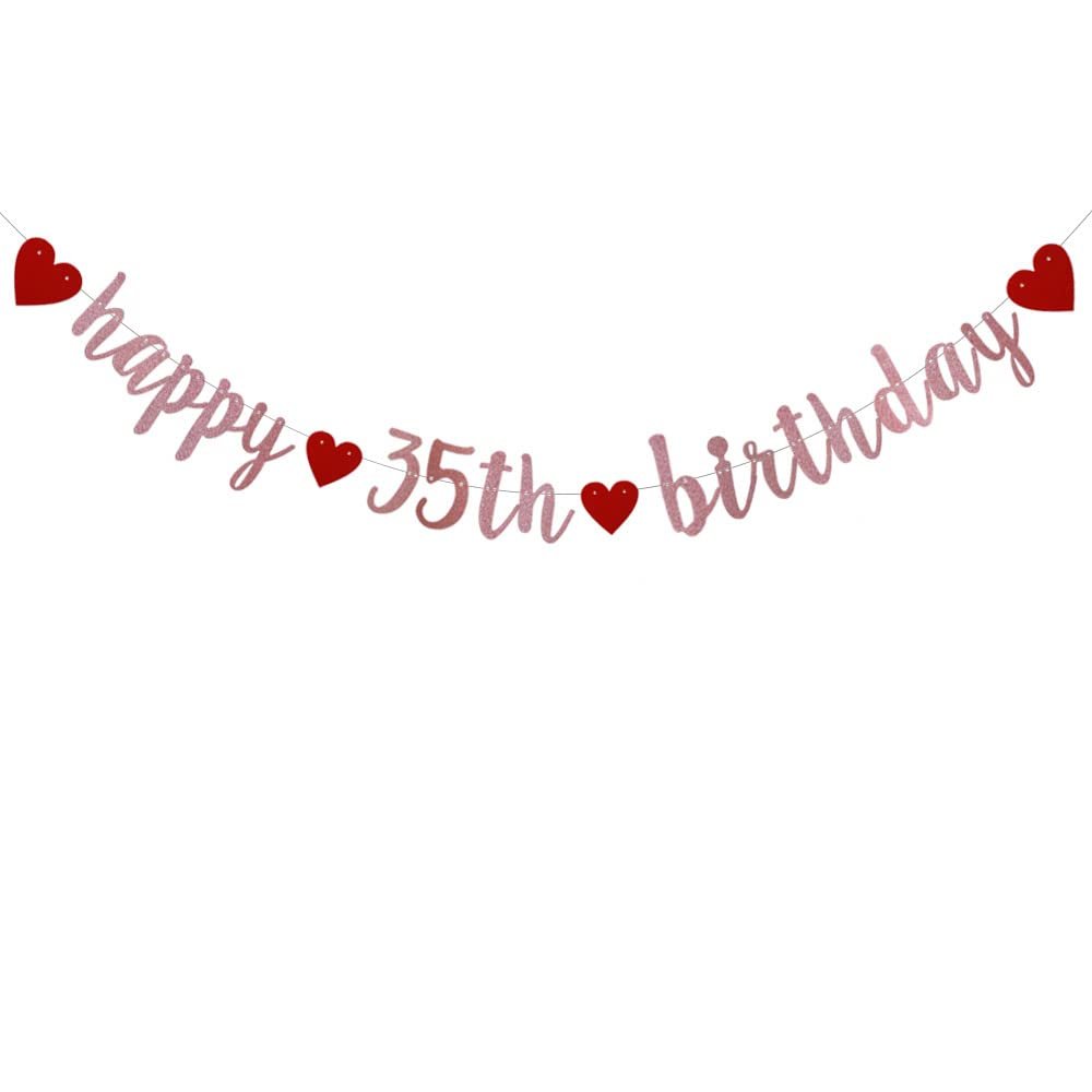 Happy 35th Birthday Banner, Pre-Strung,Rose Gold Glitter Paper Garlands for 35th Birthday Party Decorations Supplies, No Assembly Required,Rose Gold,SUNbetterland