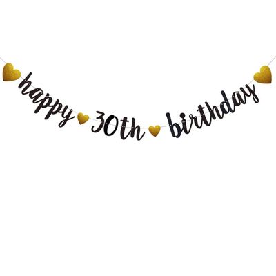 Happy 30th Birthday Banner, Pre-Strung,Black Glitter Paper Garlands for 30th Birthday Party Decorations Supplies, No Assembly Required,Black,SUNbetterland