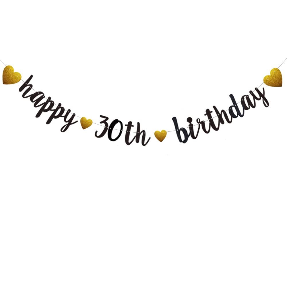 Happy 30th Birthday Banner, Pre-Strung,Black Glitter Paper Garlands for 30th Birthday Party Decorations Supplies, No Assembly Required,Black,SUNbetterland