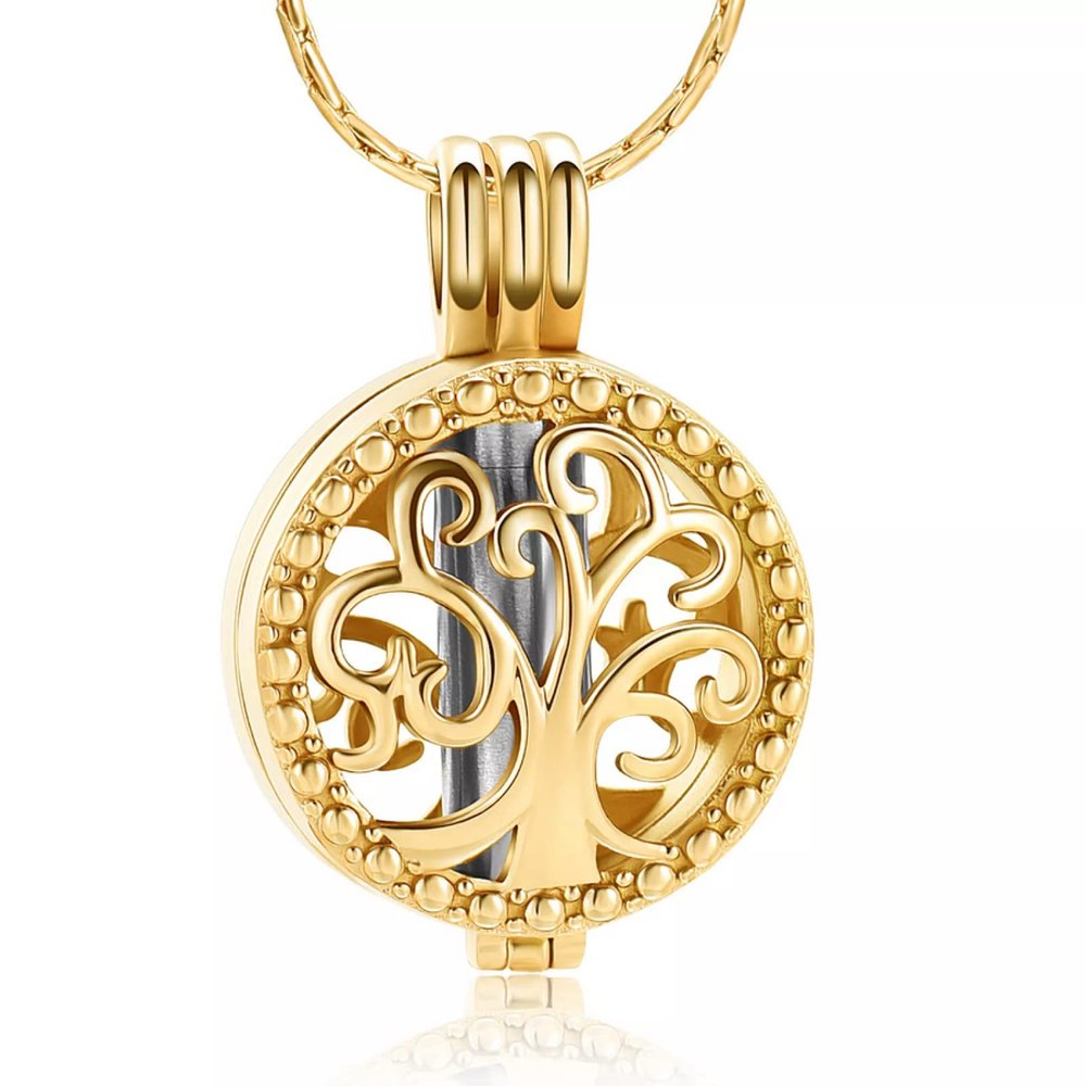 SHEIL Round Tree of Life Hollow Inner Long Tube Engraving Cremation Pendant Memorial Necklace Ash Holder Urn Funeral Keepsake Jewelry