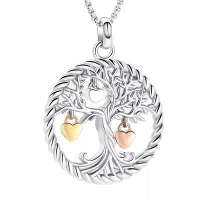 SHEIL Tree of Life Stainless Steel Cremation Jewelry, Family Tree with Mini Heart Charms Human Ashes Urn Necklace Keepsake