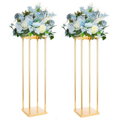 2pcs Centerpieces Wedding Gold Vases for Tables Geometric Metal Flower Display Stand, 31.5 Inch Tall High Floor Vase Column Flower Holder for Wedding Party Event Aisle Table Christmas Decorations