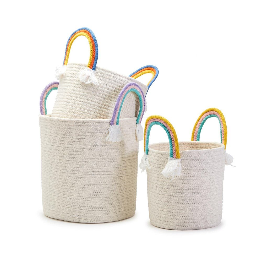Two's Company Set of 3 Rainbow Handle Hand-Crafted Rope Baskets