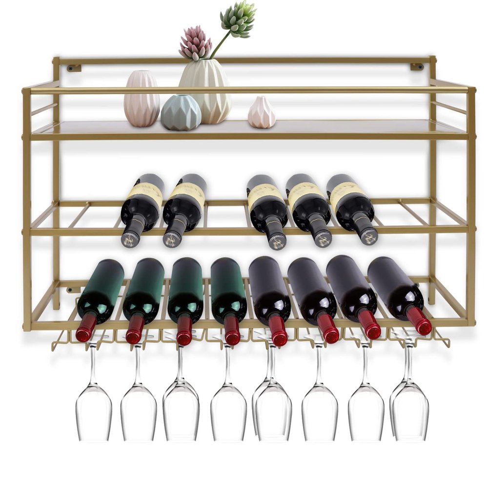 3-Tier Wall Mount Wine Rack with Glass Holders, Industrial Metal Hanging Wine Bottle Rack, Heavy Duty Wall Wine Floating Shelves for Home Bar, Kitchen, Dining Room, Gift