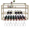 3-Tier Wall Mount Wine Rack with Glass Holders, Industrial Metal Hanging Wine Bottle Rack, Heavy Duty Wall Wine Floating Shelves for Home Bar, Kitchen, Dining Room, Gift view 1
