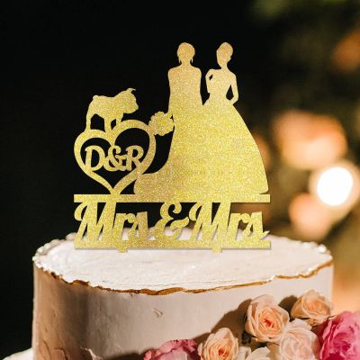 Bride Two Girl Silhouette Wedding Cake Topper LGBTQ Custom Cake Toppers with Dog Lesbian Marriage Cake Topper Bride Mrs & Mrs Wedding Cake Topper with Siberian Husky Dog Silhouette Acrylic Gold