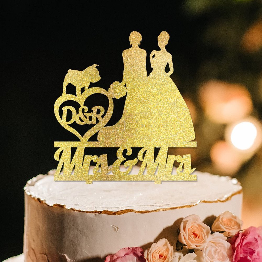 Bride Two Girl Silhouette Wedding Cake Topper LGBTQ Custom Cake Toppers with Dog Lesbian Marriage Cake Topper Bride Mrs & Mrs Wedding Cake Topper with Siberian Husky Dog Silhouette Acrylic Gold