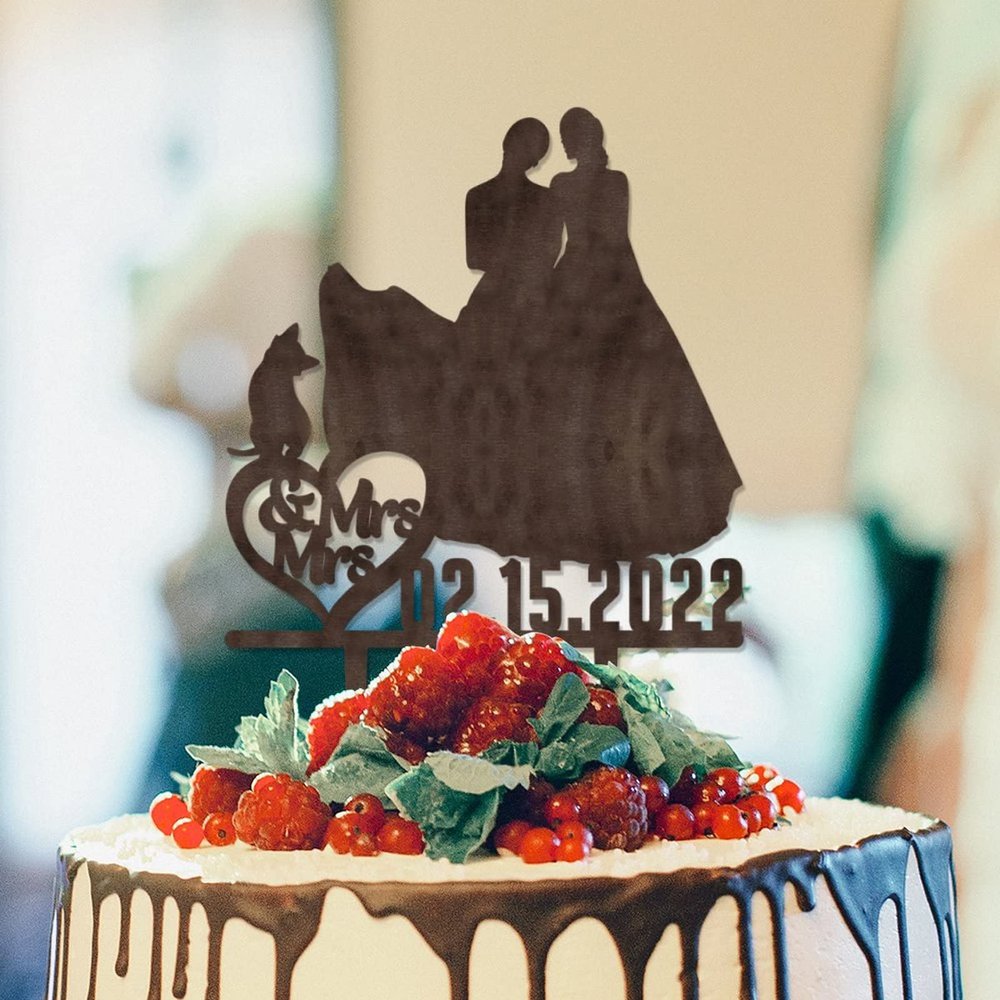 Lesbian Bride And Bride Cake Toppers for Wedding Mrs Same Sex Couple Topper Two Brides Silhouette Wedding Cake Topper with Pit Bull Dog And Doberman Custom LGBTQ Engagement Cake Toppers Wood